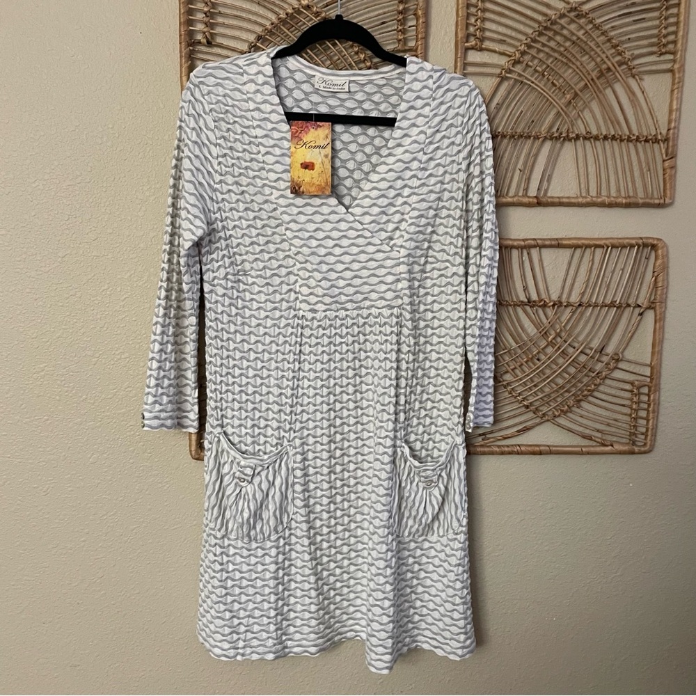 Komil Textured Tunic Dress Seychelles Weave Gray White Pockets Sz S NWT‎ B21